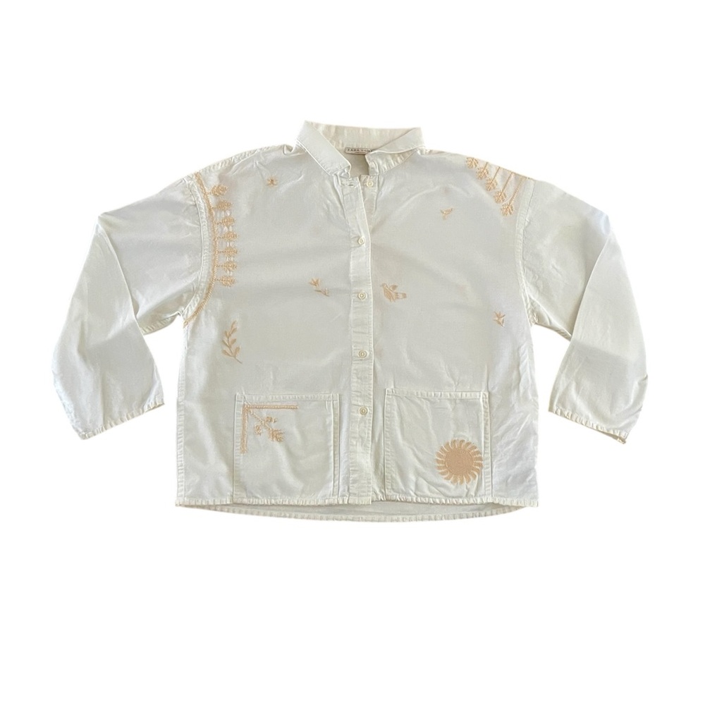 Zara White Embroidered Button-Up Shirt